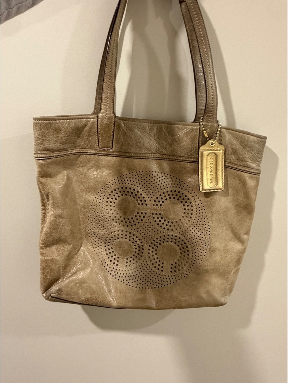 Coach Metallic Gold Leather Perforated Logo Tote Bag Shoulder Purse